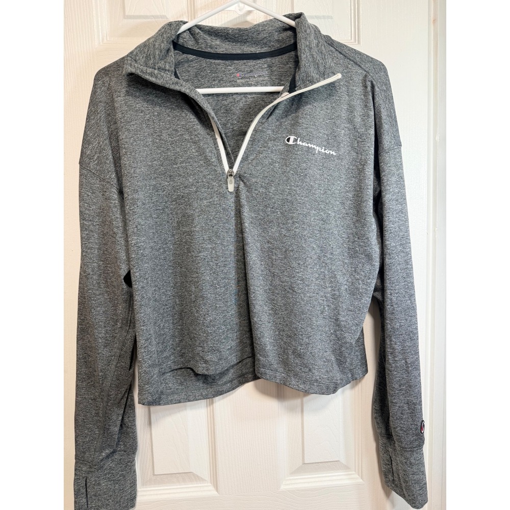 Champion Womens Gray Heather Quarter Zip Cropped Pullover Sweatshirt Small